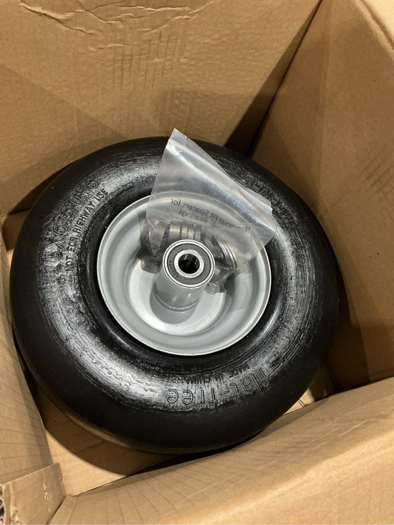 Condition photo showing Good Condition for incomplet)))11x4.00-5 lawn mower tires flat free for zero turn lawn mowers front tires, 11x4-5 solid smooth tread tire with 3/4\" or 5/8\" bushing, 3.4\"-4\"-4.5-5\" centered hub, universal adapter kit brand: cmood