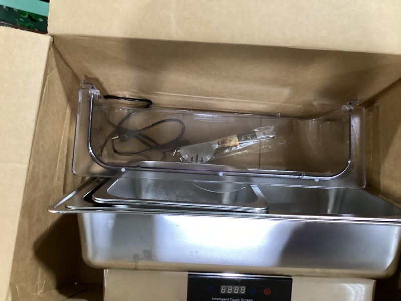 Condition photo showing As Is for garvee electric chafing dish buffet set, 2 × 4.5 qt roll top food warmer with transparent pc lid, 400w temperature control 86-200°f, stainless steel chafer for catering parties 2x1/2 size pans 1