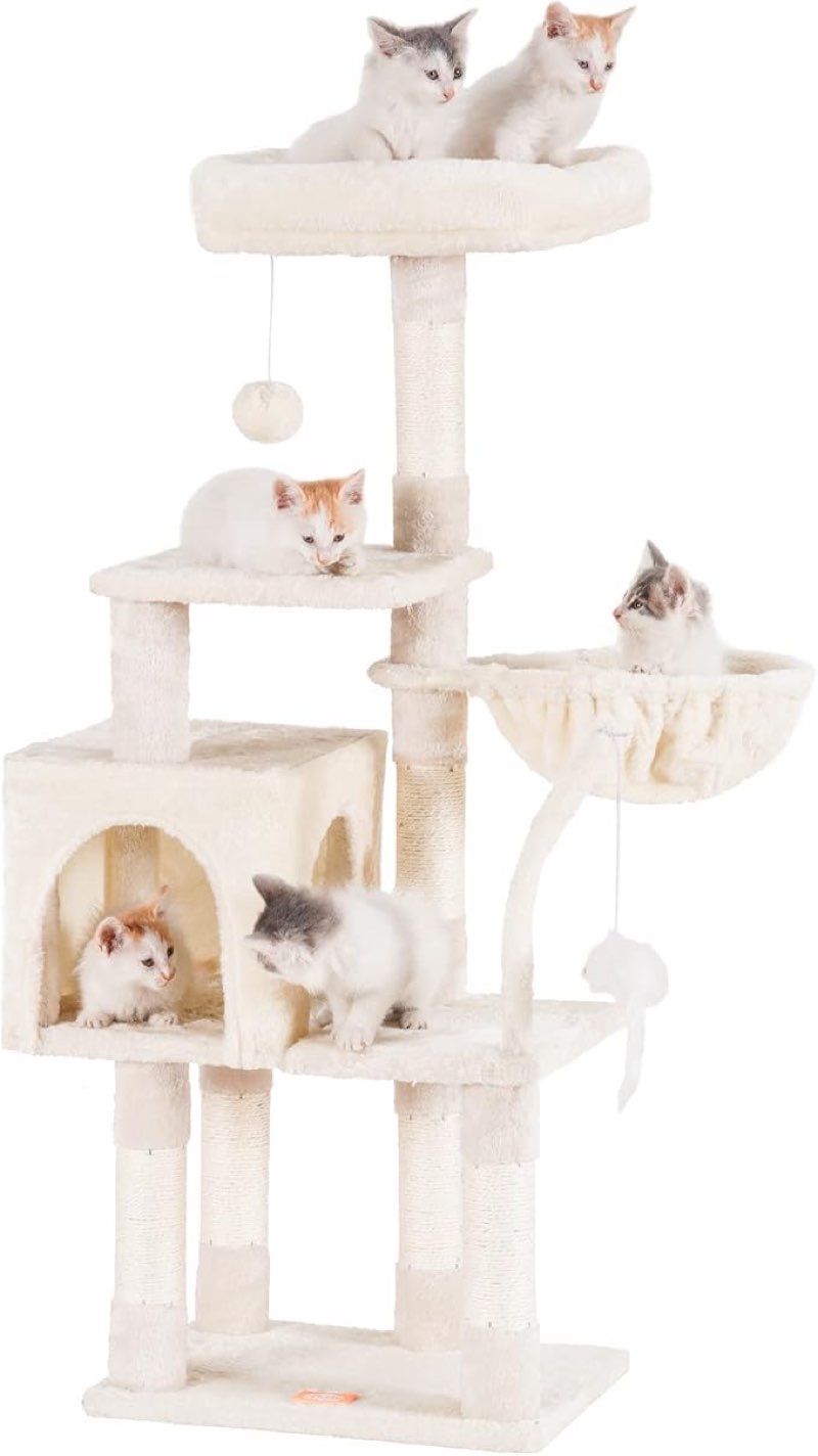 Incomplete))))Heybly Cat Tree with Toy, Cat Tower Condo for Indoor Cats, Cat House with Padded Plush Perch, Cozy Hammock and Sisal Scratching Posts, Beige