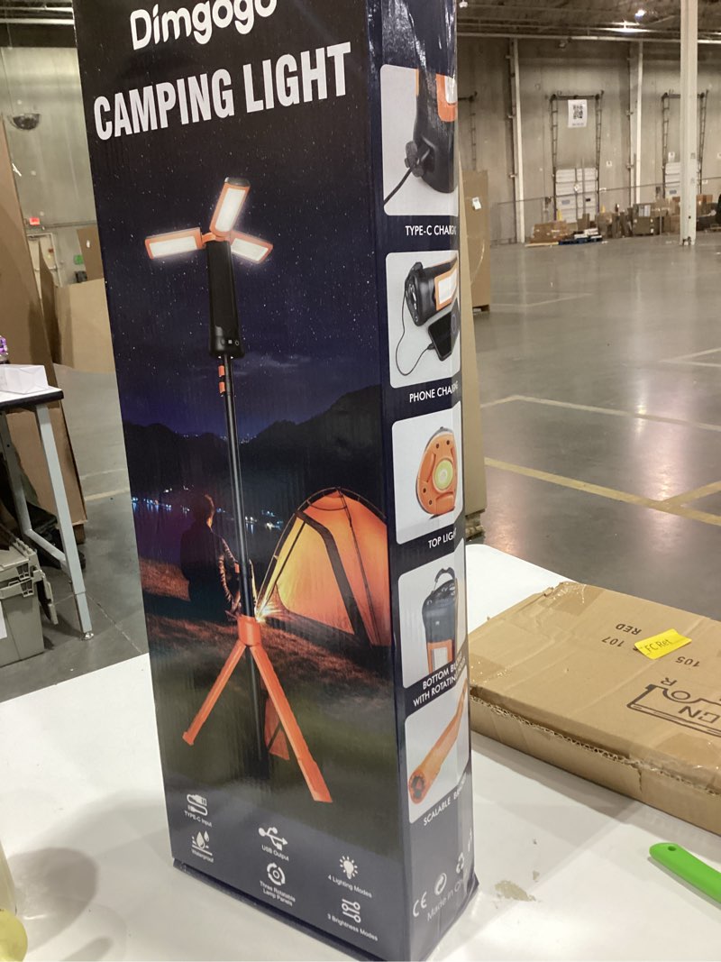 Condition photo showing New/Like New for rechargeable camping light with stand 7ft max height, 15000mah portable cordless led work light, 5500 lumen 6500/4500/3500k dimmable emergency flashlight with detachable tripod, orange