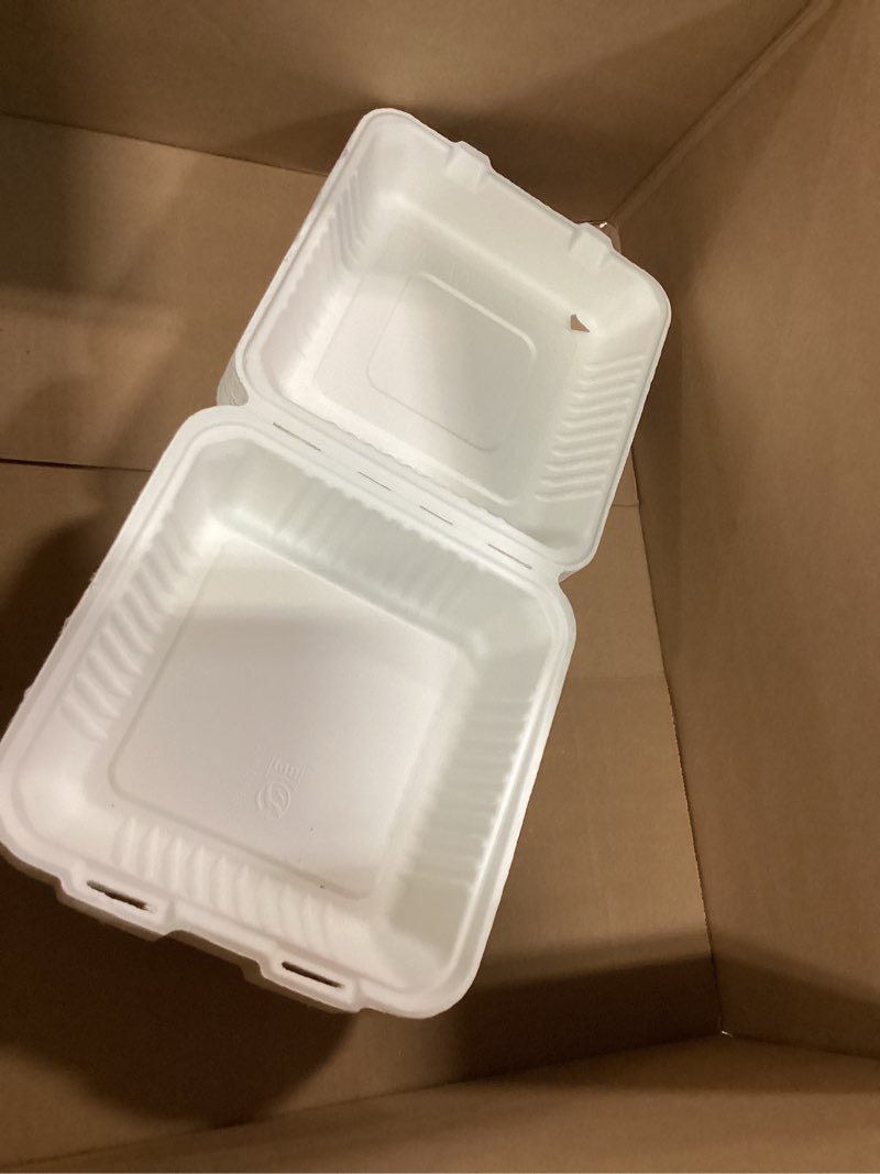 Condition photo showing As Is for freshware compostable clamshell food containers - 8x8" 50-pack, biodegradable sugarcane to go boxes, heavy duty paper container - microwave & freezer safe, stackable 8 x 8 inch 50.0