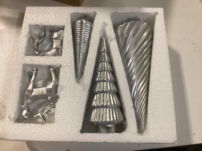 Condition photo showing Good Condition for WDS WONDROUS Christmas Decor Trees and Reindeer Figurines Decoration- Sliver Set of 5 Christmas Tree Statues and Deer Decor Set, Resin Ornaments Tabletop Shelf Office Indoor Silver Set of 5