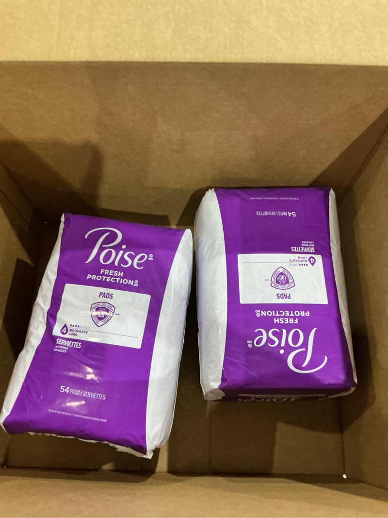 Condition photo showing New/Like New for poise incontinence & postpartum pads for bladder leaks, 4 drop moderate absorbency, long length, 108 count, packaging may vary long 108