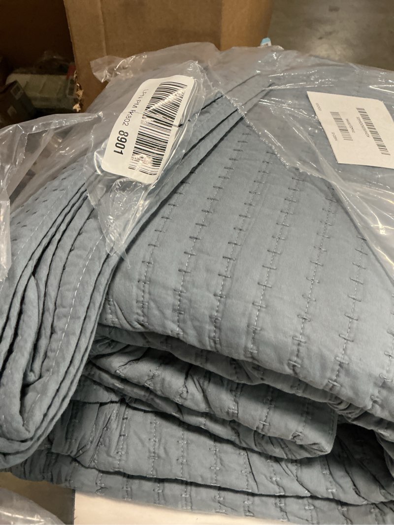 Condition photo showing Good Condition for WDCOZY 100% Cotton King Size Quilt Set - Blue Striped Pick Stitch Soft Lightweight Bedspread, Textured Like Linen, Farmhouse Country Rustic Coverlet, Shabby Chic Gauze Bedding, 3 Pieces Dusty Blue King (106"x96")