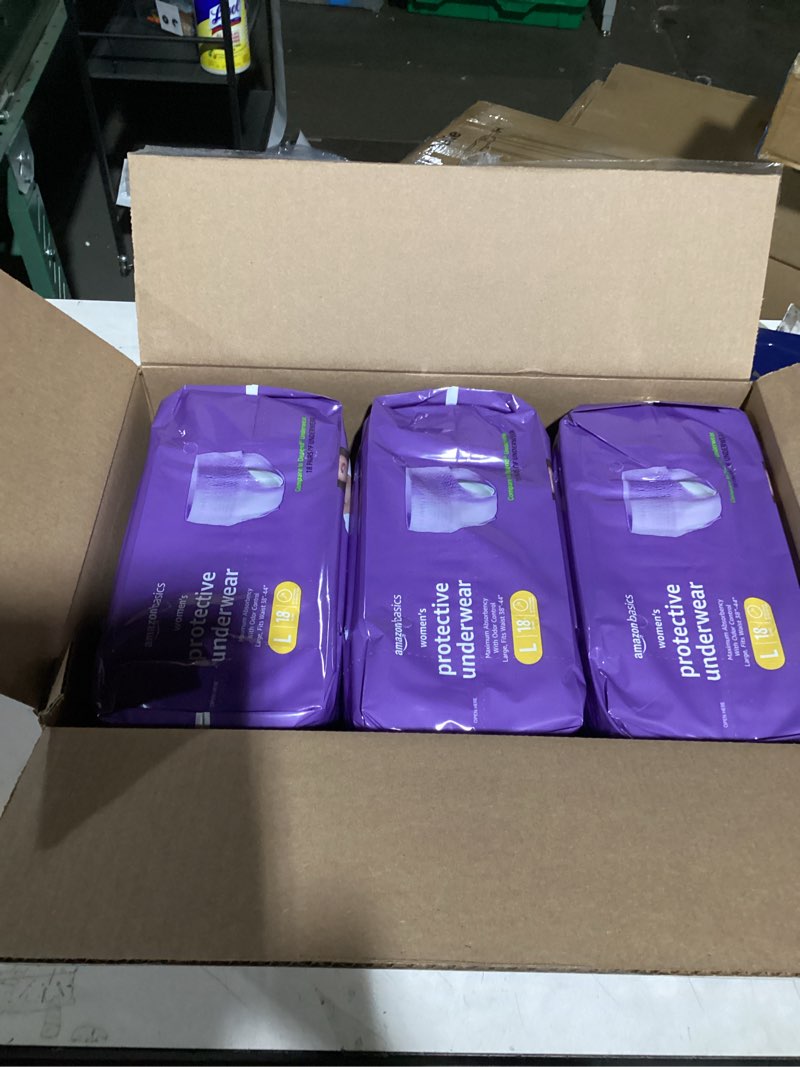 Condition photo showing Good Condition for Amazon Basics Incontinence Underwear for Women, Protective, Disposable, Postpartum, Maximum Absorbency, Large, Lavender, 54 Count (3 Packs of 18) Large 54.0
