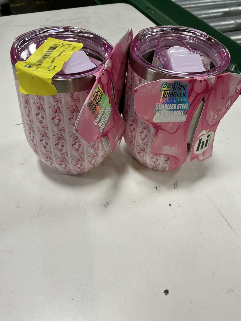 Condition photo showing New/Like New for hi peach layne, mother's day gift set, pink stripe floral wine tumbler with nail file pack of 2