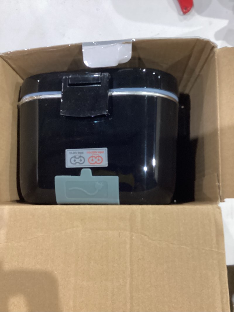 Condition photo showing As Is for Electric-Lunch-Box-Heated-Food-Warmer 100W Heating Lunchbox for Adults 1.8L Portable Food Heater for Work/Car, 12V/24V/110-230V Lonchera Eléctrica Portátil with Fork Spoon (Black)