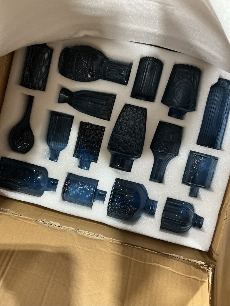 Condition photo showing New/Like New for glass bud vases set of 64 - blue assorted small mini glass vases for flowers, crystal vintage vase set, bulk centerpieces for table décor, wedding, home and events (blue, 64 pcs) blue 64 pcs