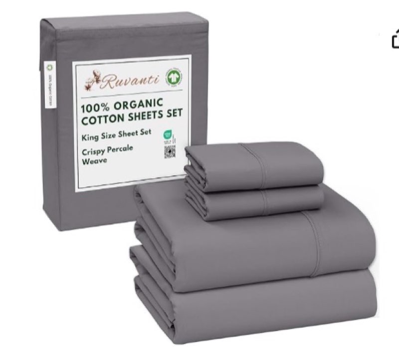 RUVANTI 100% Organic Cotton Sheets King Size, Percale Weave, GOTS Certified, 4-Piece Set, Deep Pocke