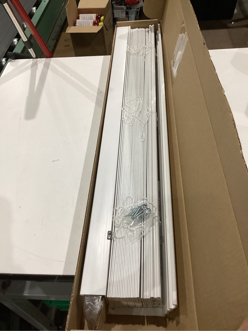 Condition photo showing As Is for allen + roth trim at home 2-in slat width 35-in x 48-in cordless white faux wood room darkening horizontal blinds