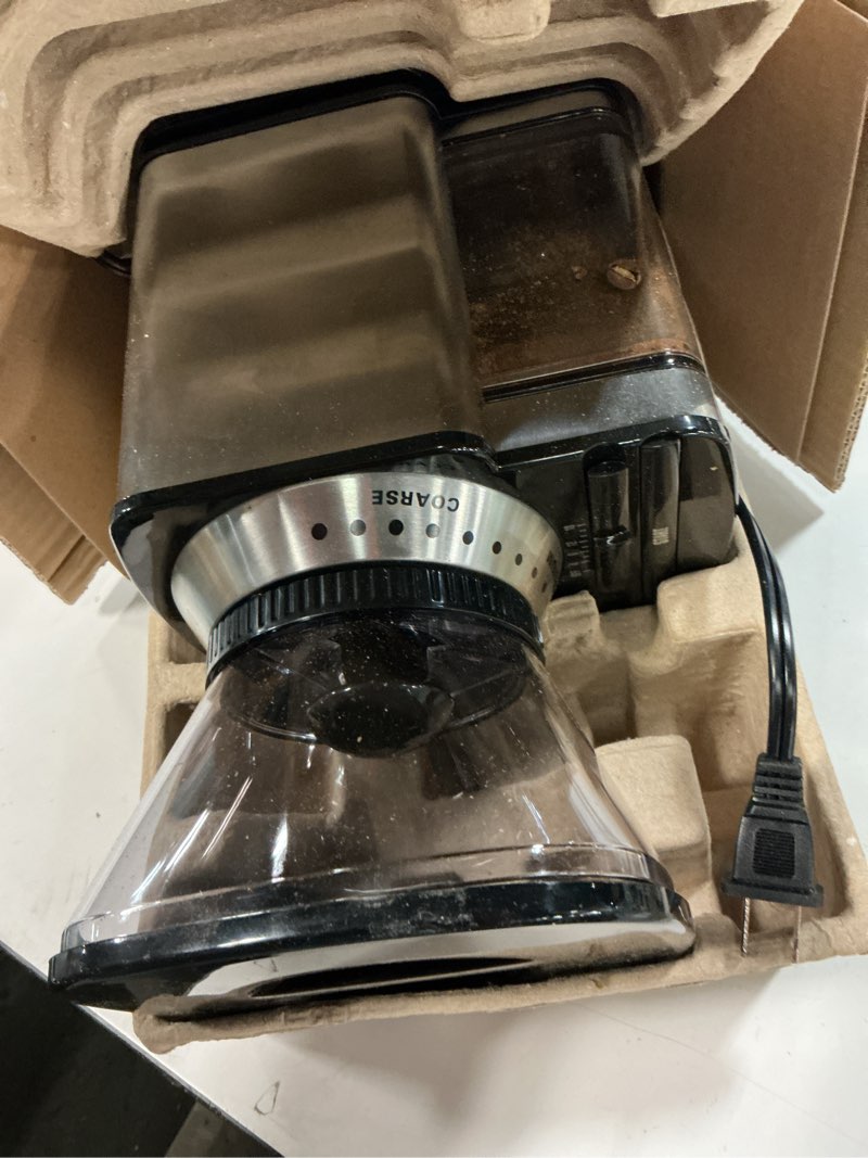 Condition photo showing As Is for cuisinart coffee grinder, electric one-touch automatic burr coffee grinder with 18-position grind selector, cup size selector for 4 – 18 cups, dbm-8p1, black stainless burr mill stainless steel