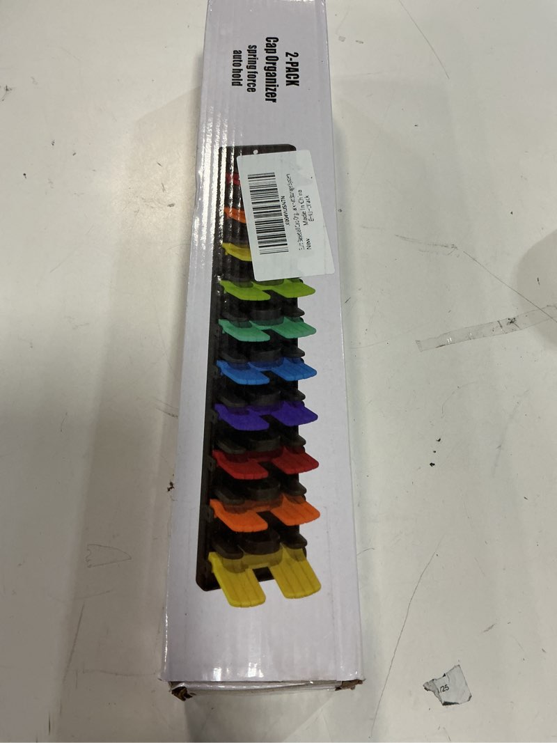 Condition photo showing New/Like New for hat organizer for baseball caps 2 packs with built-in spring clips - wall mount closet hat rack holder, adjustable storage for door/closet display hat racks hanger (strong adhesive & screws) black