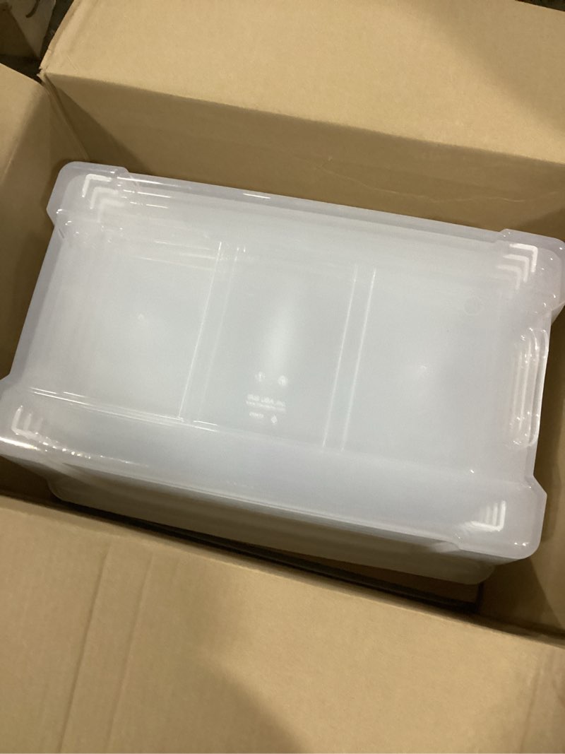 Condition photo showing Good Condition for IRIS USA 72 QT Plastic Storage Box with Lid and Latches - 4 Pack - BPA-Free, See-Through Organizing Solution, Durable Nestable Stackable Containers, Secure Pull Handle - Clear Clear 72 Qt 4 Pack