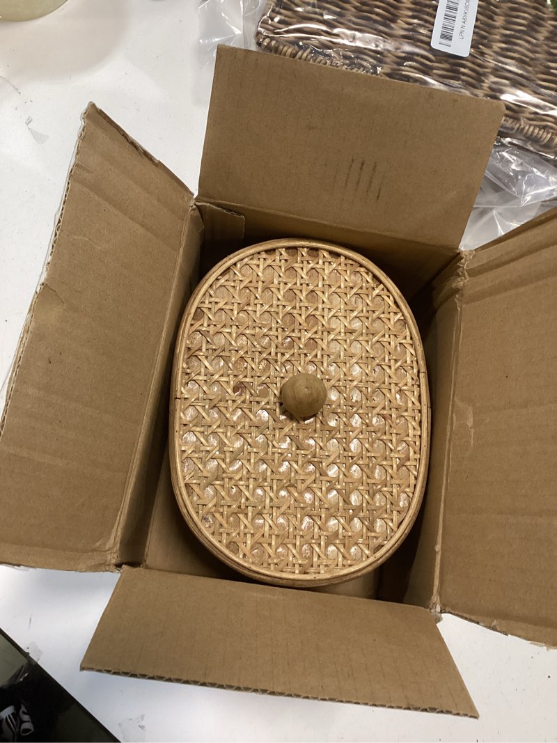 Condition photo showing New/Like New for SOFE Rattan Decorative Box with Lid, Small Oval Box for Storage, Hand-Woven Display Boxes for Organizing Jewelry, Candies, Snacks, Keys, Farmhouse & Boho & Modern Home Decor, Dresser Decor Classic Brown