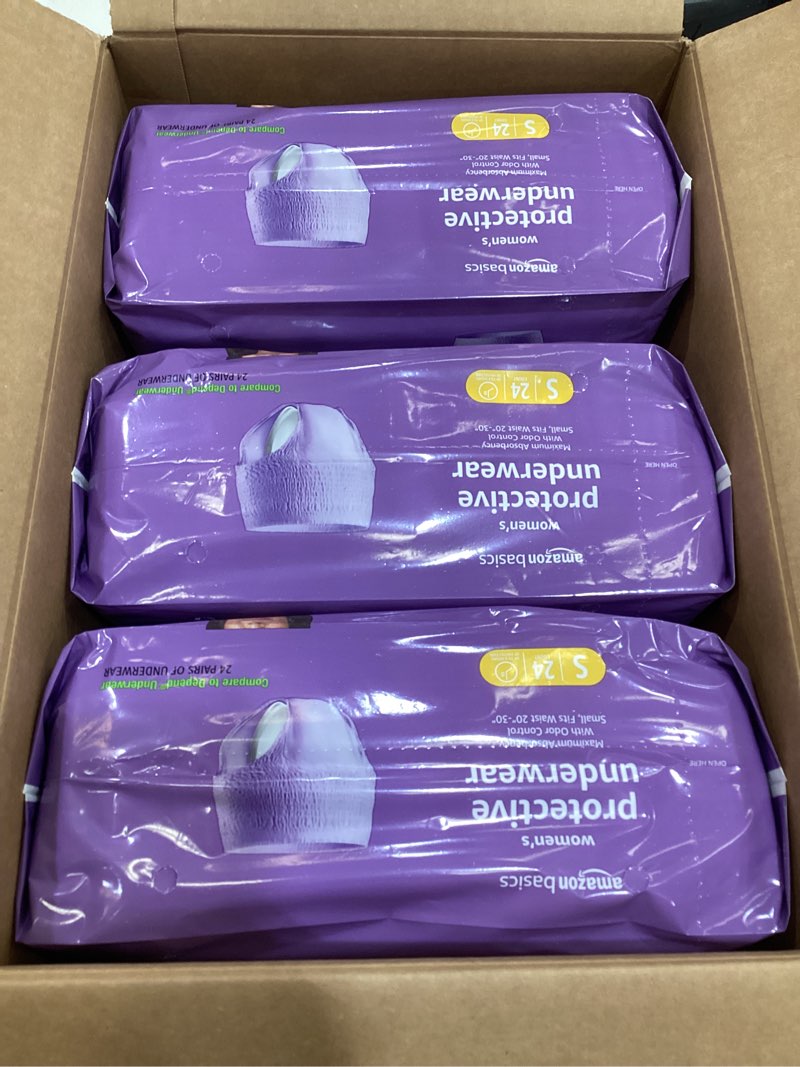Condition photo showing Good Condition for amazon basics incontinence underwear for women, protective, disposable, postpartum, maximum absorbency, small, lavender, 72 count (3 packs of 24) small 72.0