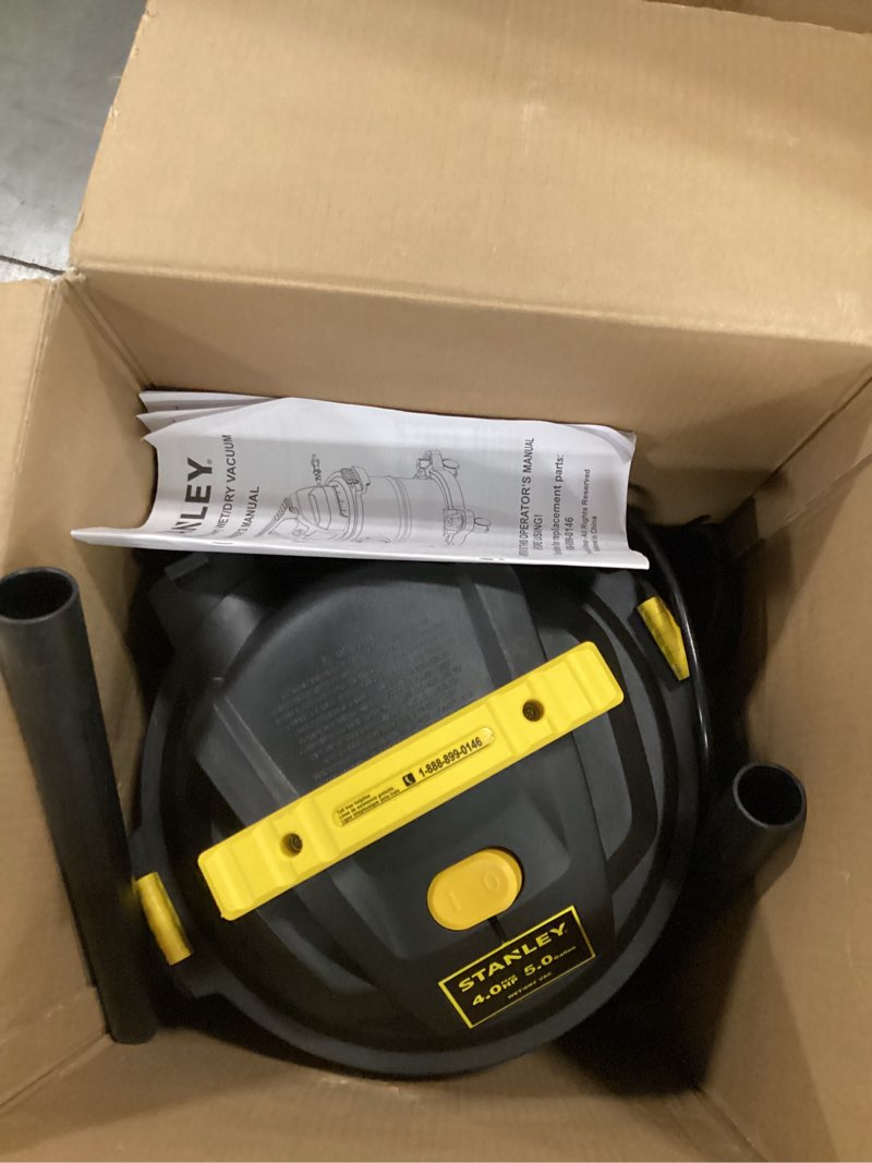 Condition photo showing As Is for stanley wet/dry vacuum sl18115, stainless steel tank, 5 gallon 4hp shop vacuum, portable style ideal for home/shop/jobsite dust collection job with vacuum attachments, silver+yellow 5 gallon, 4.0 hp, 50" sealed pressure