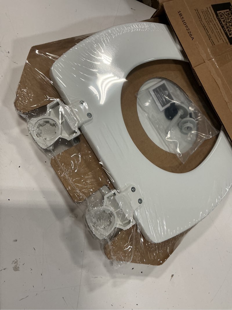 Condition photo showing New/Like New for church toilet seat, easy clean hinges release for deep cleans, durable enameled wood seat, elongated, white