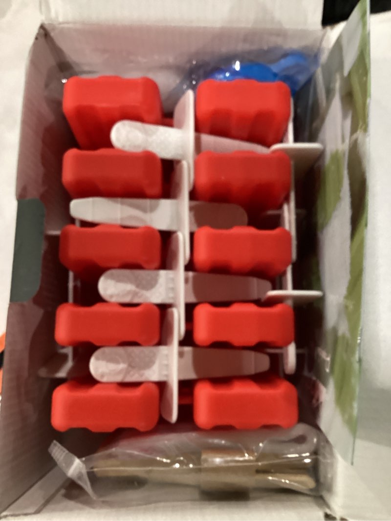 Condition photo showing New/Like New for miaowoof homemade popsicle molds, 10-cav non-bpa silicone ice pop maker, with 50 sticks, 50 bags, 10 reusable sticks, funnel, brush and ice pop recipe (red) 10 cavities red