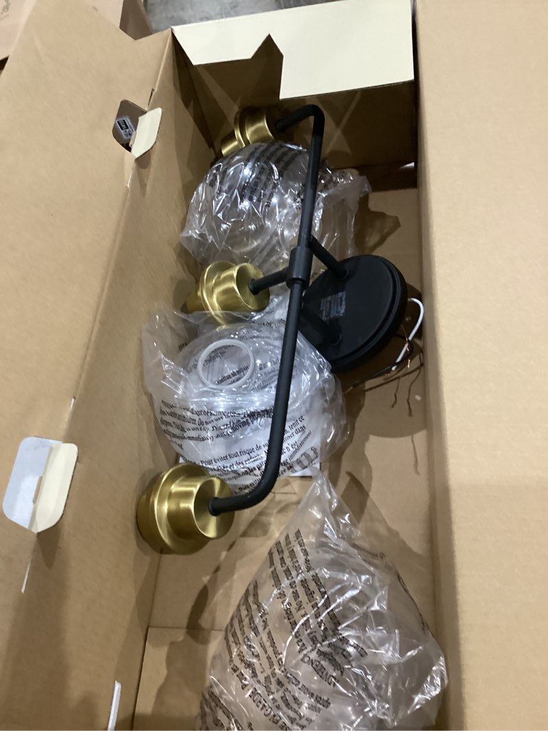 Condition photo showing Good Condition for 3 light bathroom vanity light, black and gold bathroom light fixtures with clear glass shade modern wall sconces lighting bath wall lights lamp for mirror kitchen living room bedroom hallway cabinet black and gold 3-light