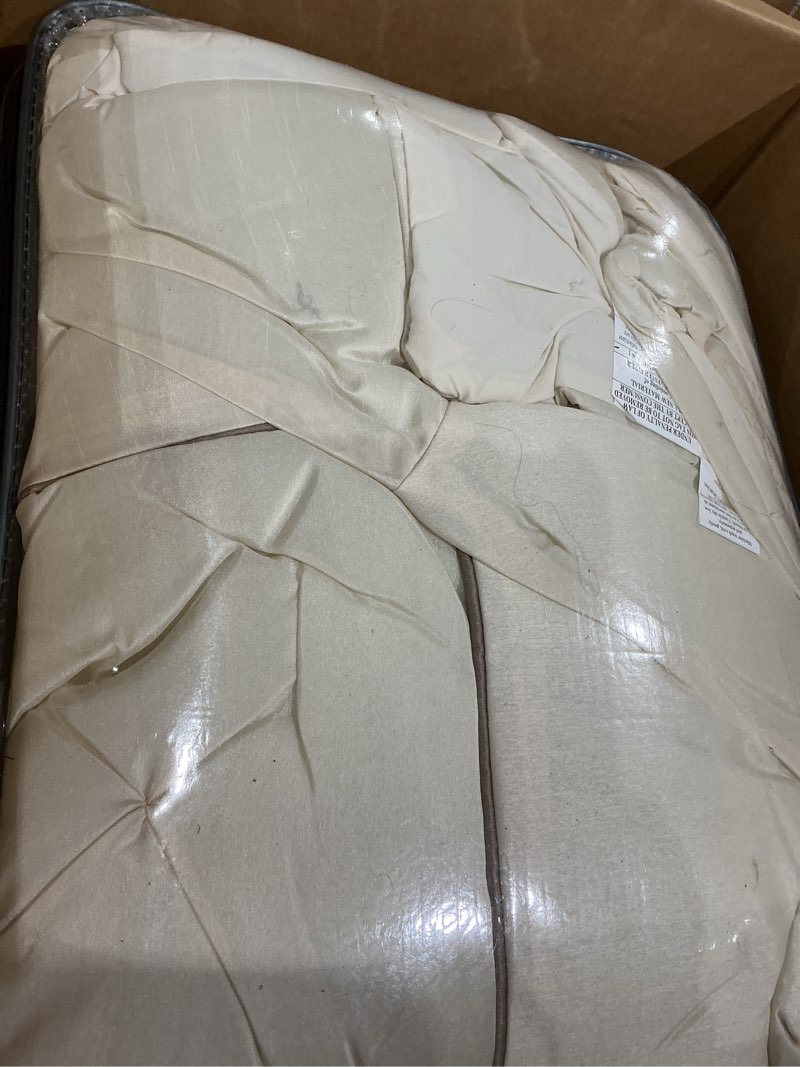 Condition photo showing Good Condition for essentials room in a bag faux silk comforter set - luxe diamond tufting all season bedding, matching curtains, decorative pillows, ivory queen(90\"x90\") 24 piece queen ivory