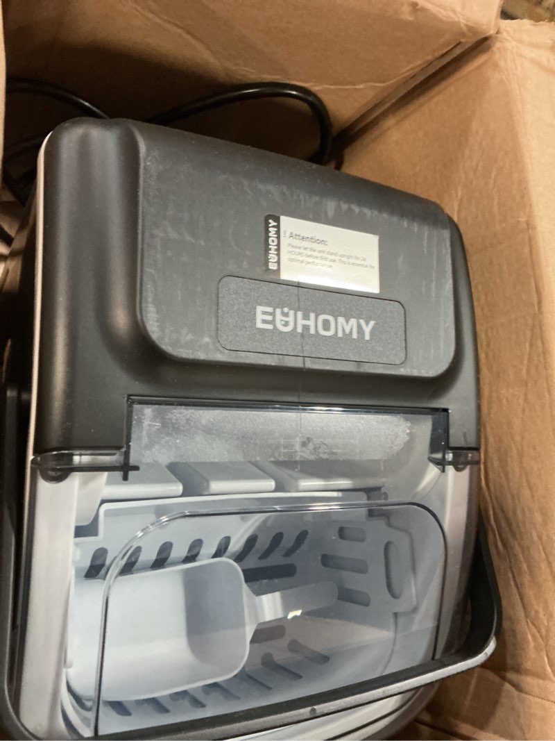 Condition photo showing As Is for euhomy ice maker countertop, portable ice machine with carry handle, 26.5lbs per day, 9 cubes in 6 mins, auto-cleaning, with basket and scoop, for home, kitchen, camping, rv (silver) stainless steel silver 26.5 lbs/day