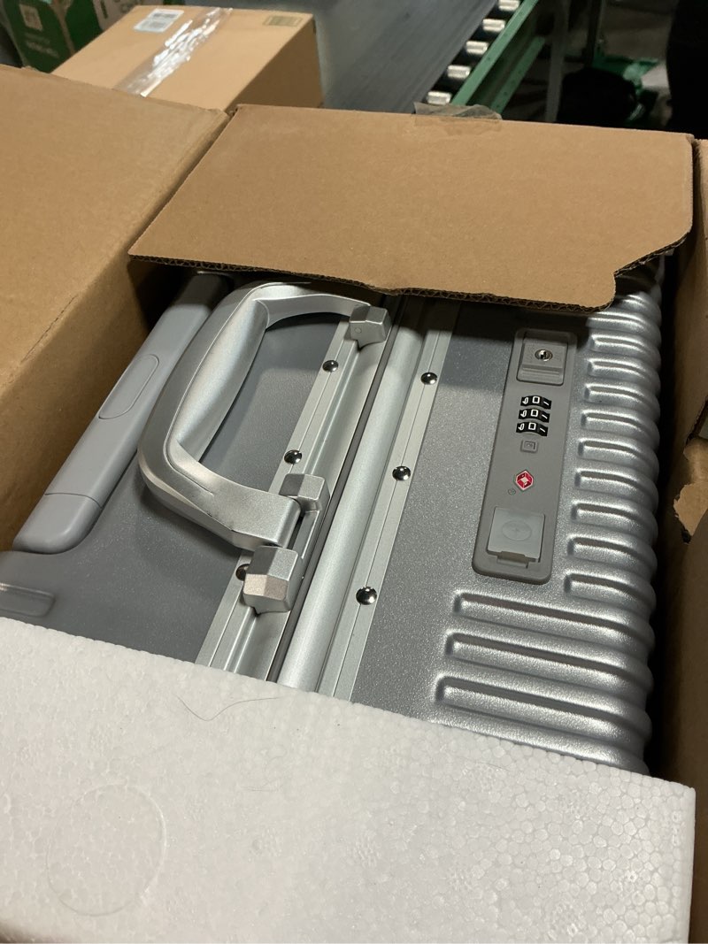 Condition photo showing New/Like New for mrplum front pocket carry on luggage,pc hardside spinner wheel suitcase with tsa lock,cup holder,phone holder&usb charging port,silver(1 piece)