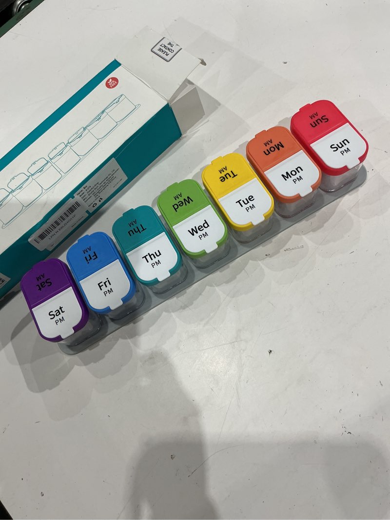 Condition photo showing Good Condition for daviky extra large weekly pill organizer 2 times a day, xxl am pm pill organizer 7 day, big pill case with large compartments, daily medicine box to hold vitamin, supplement and medication rainbow/white 1 count (pack of 1)
