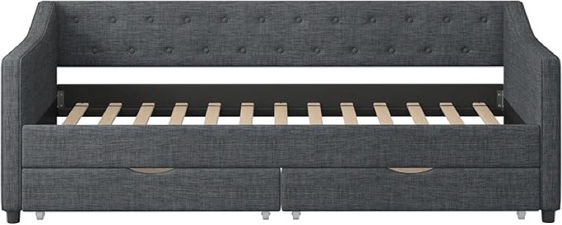 (Incomplete 1 box only) Casaphoria Sofa Daybed with 2 Storage Drawers, Linen Fabric Upholstered Daybed Frame w/Wave Shape Ar