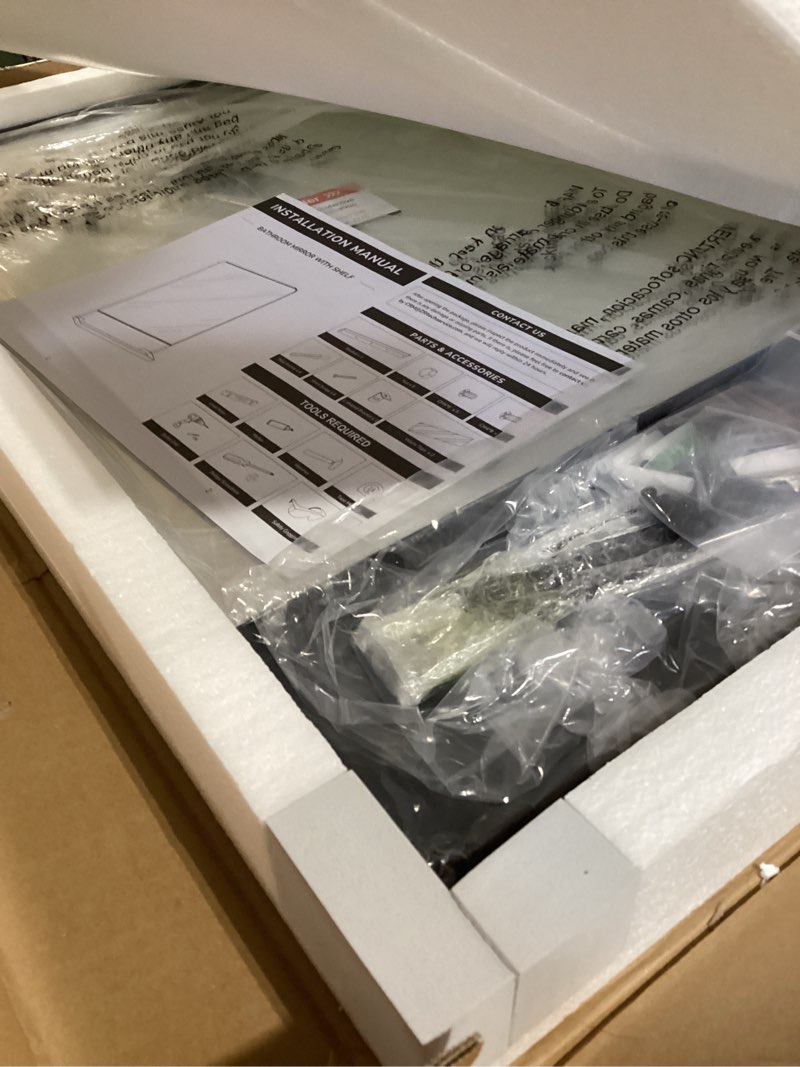 Condition photo showing Good Condition for TETOTE Black Metal Framed Vanity Mirror with Shelf for Wall, 18x28 Inch Rounded Rectangle Mirror for Wall, Matte Black Bathroom Vanity Mirror, Bathroom Mirror for Farmhouse, Living Room, Bedroom 28"L x 18"W Black