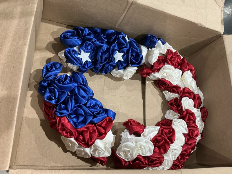 Condition photo showing As Is for 4th of july wreath for front door, 18 in patriotic door wreath red white and blue wreath for 4th of july, independence day, american flag themed front door decor, star floral pride wreath (g)