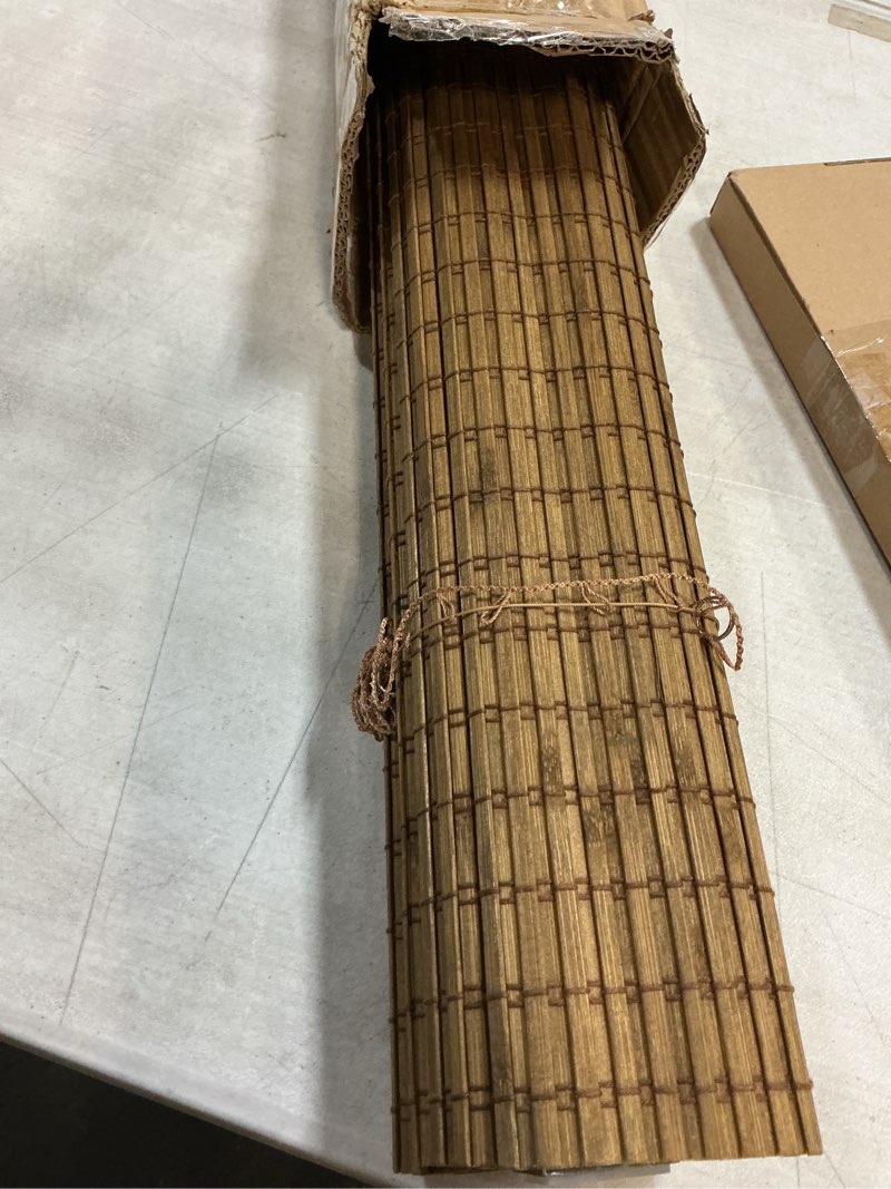 Condition photo showing As Is for LazBlinds No Tools No Drill Cordless Bamboo Roman Shades, Light Filtering Window Treatment, Roll Up Bamboo Blinds for Windows 30.5'' W x 48'' H, Eastfield Teak Light Filtering-eastfield Teak 30.5" W x 48" H