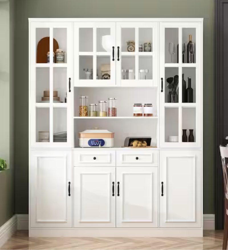 incomplete * missing boxes * White Wood 63 in. W Buffet and Hutch Kitchen Cabinet With Glass Doors, 2-Drawers, Adjustable Shelves
