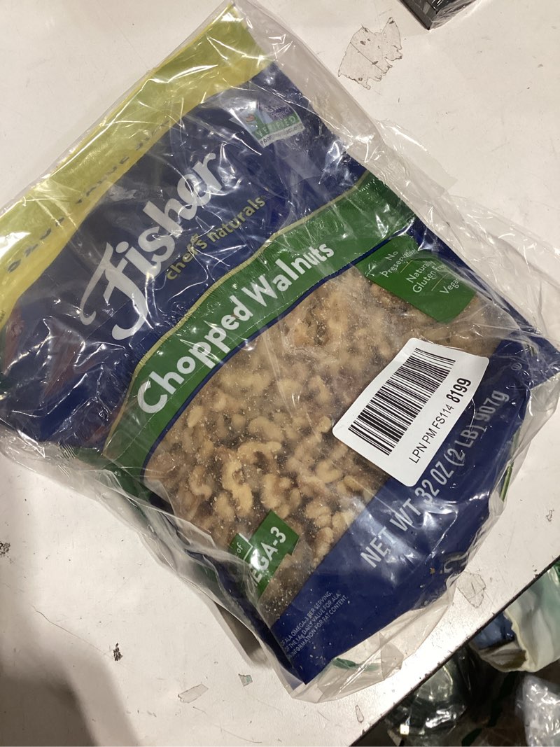 Condition photo showing As Is for fisher chef's naturals chopped walnuts 2 lb, 100% california unsalted walnuts for baking & cooking, healthy snacks for adults, resealable bag, vegan protein, keto snack, chopped nuts, topping chopped 32 ounce (pack of 1)