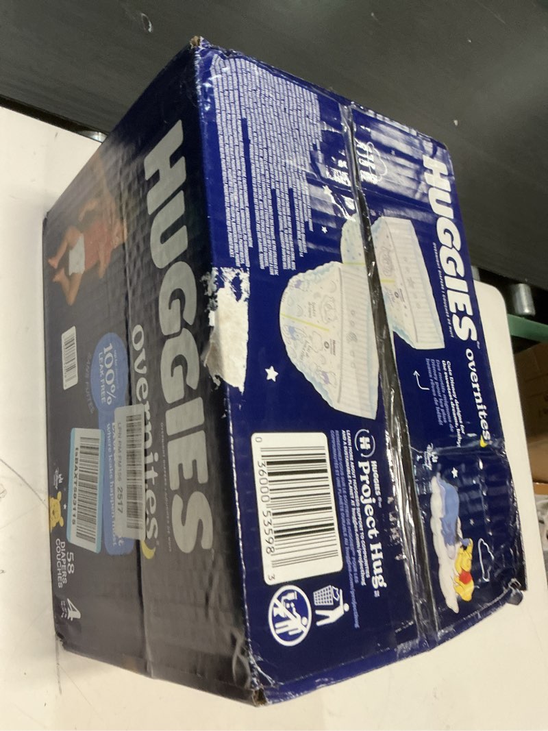 Condition photo showing New/Like New for huggies overnites size 4 overnight diapers (22-37 lbs), 58 ct, packaging may vary size 4 58