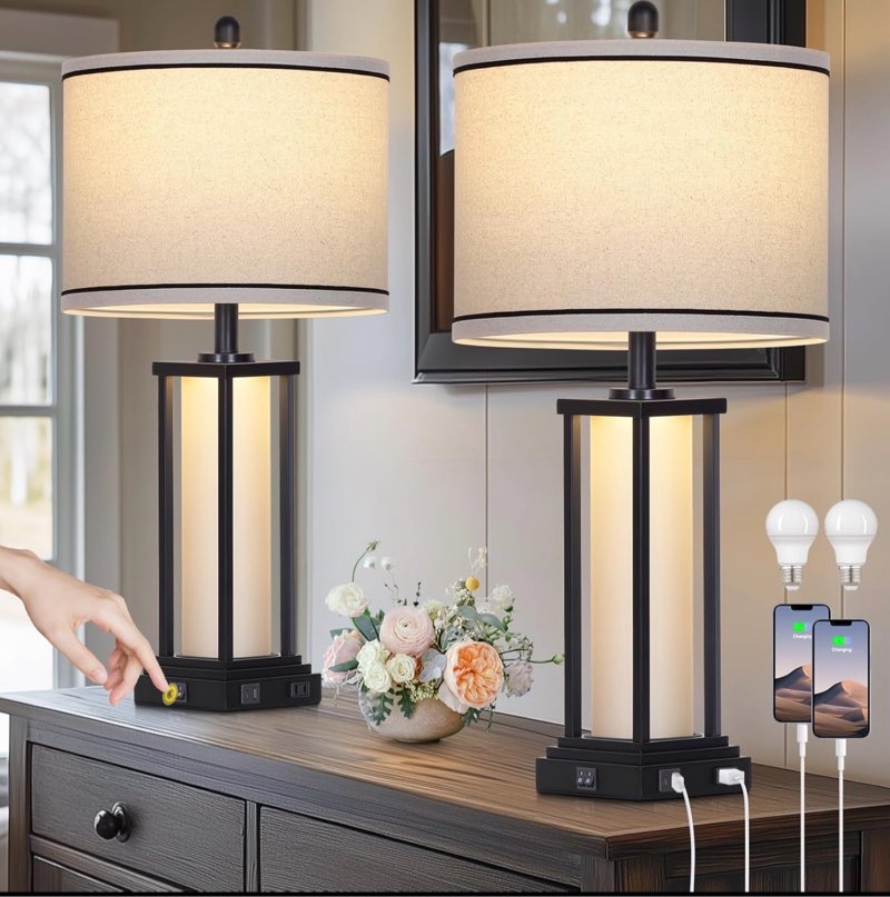 27" tall vintage table lamp set of 2 with usb c+a & outlet,black industrial end table lamp for living room,farmhouse rustic bedside lamps with frosted glass night light for bedroom nightstand,black