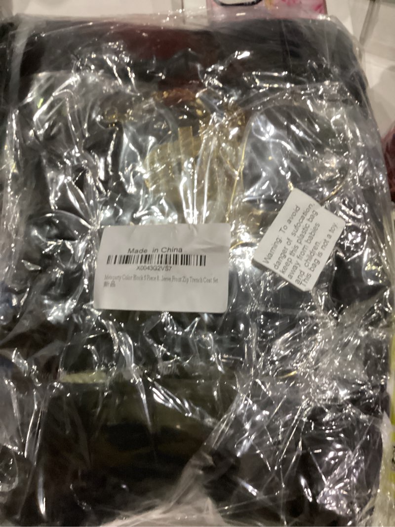 Condition photo showing New/Like New for Color Block 5 Piece 80s 90s Outfit for Women/Men, Unisex Long Sleeve Front Zip Trench Coat Set Small Black