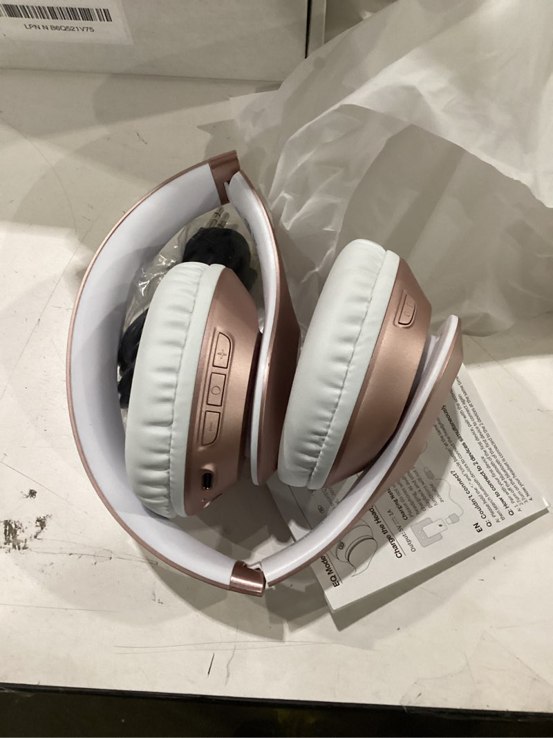 Condition photo showing New/Like New for wireless bluetooth headphones over ear 65h playtime hifi stereo headset with microphone and 6eq modes foldable bluetooth v5.3 headphones for travel smartphone computer laptop rose gold