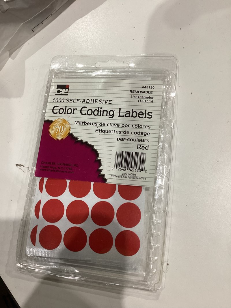 Condition photo showing Good Condition for Charles Leonard Color Coding Dots, Self-Adhesive Labels, 0.75 Inch Diameter, Red, 1000-Count Box (45130)
