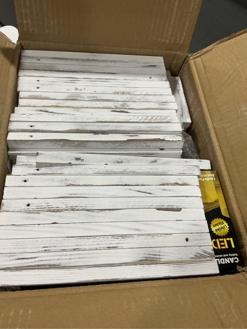 Condition photo showing Good Condition for 36 Pcs /12 Set Wooden Wedding Lantern Centerpiece-Wooden Candle Lantern Bulk Includes 12 Farmhouse Wooden Candle Holder 12 Flameless LED Candles 12 Eucalyptus Leaves Wreath for Decoration Retro White 12
