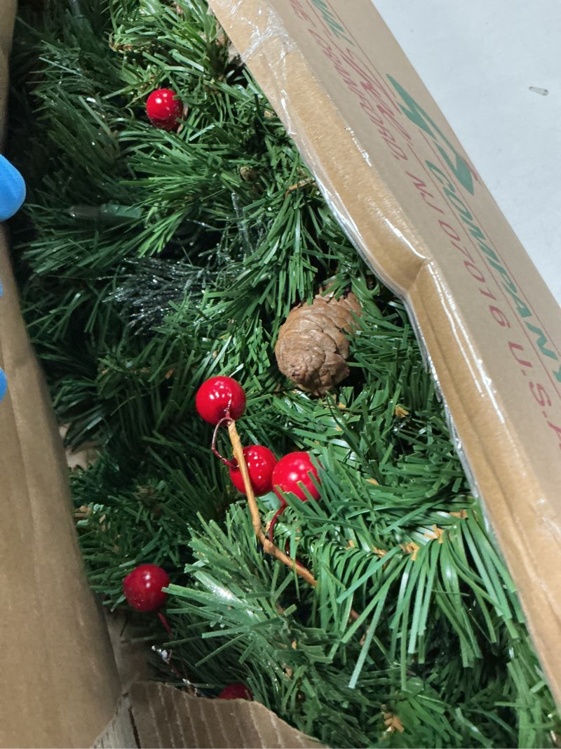 Condition photo showing Good Condition for National Tree Company 9 ft Pre-Lit Crestwood Spruce Artificial Christmas Garland, Christmas Decoration with Glitter, Pinecones, Red Berries, 50 Clear Lights, 180 Tips, Green Plug In Tree