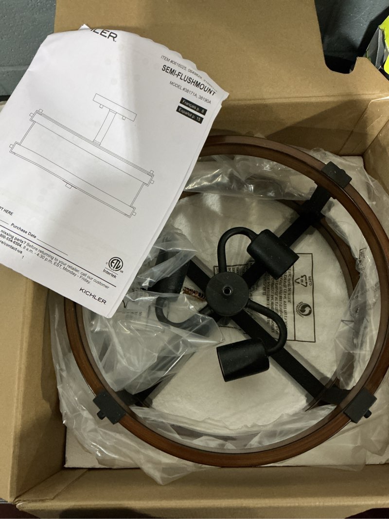 Condition photo showing As Is for kichler barrington 3-light 14-in distressed black semi flush mount light