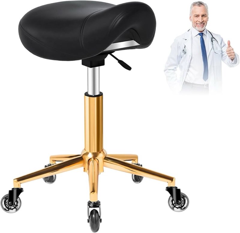 saddle stool with wheels ergonomic - thick wide saddle cushion, healthy posture no pain, easy to adjust, smooth rolling no creaky noises, rolling swivel saddle stool chair for salon massage (black)