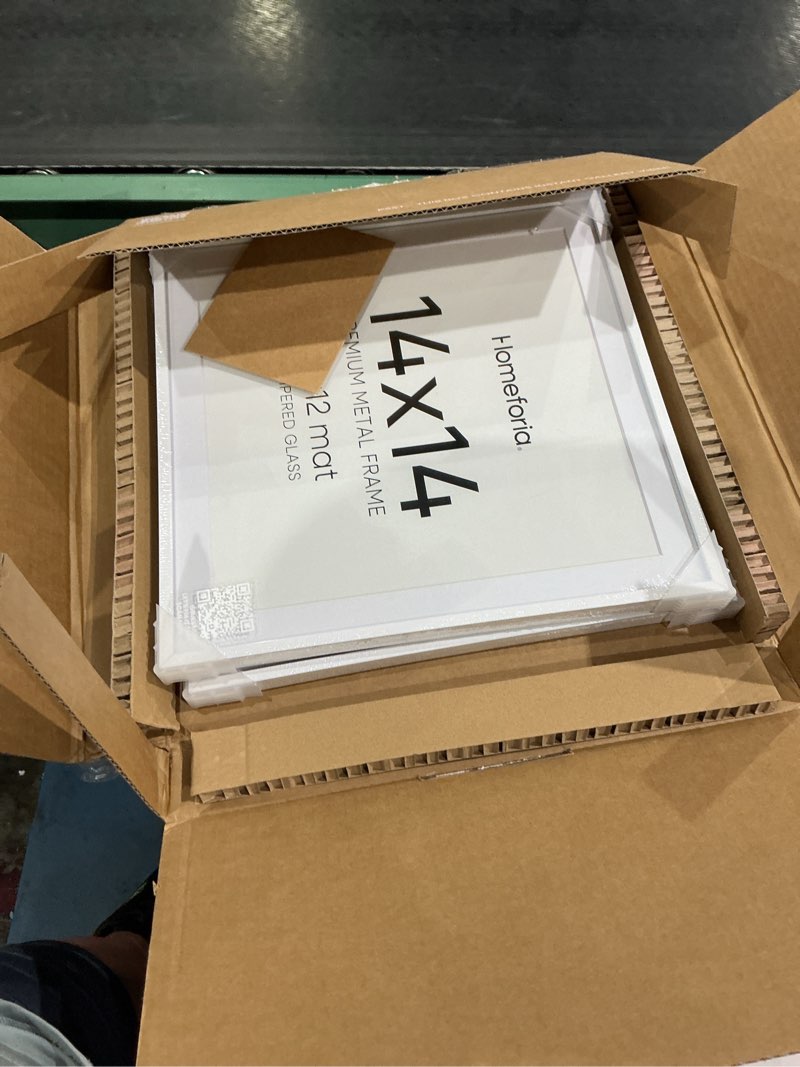 Condition photo showing Good Condition for 14x14 white picture frame, high-end metal, 12x12 mat, glass | high end aluminum, tempered glass, acid-free 12x12 removable mat, 14x14 in edge-to-edge display 14x14, wall kit, set of 2 soft white 14x14 2