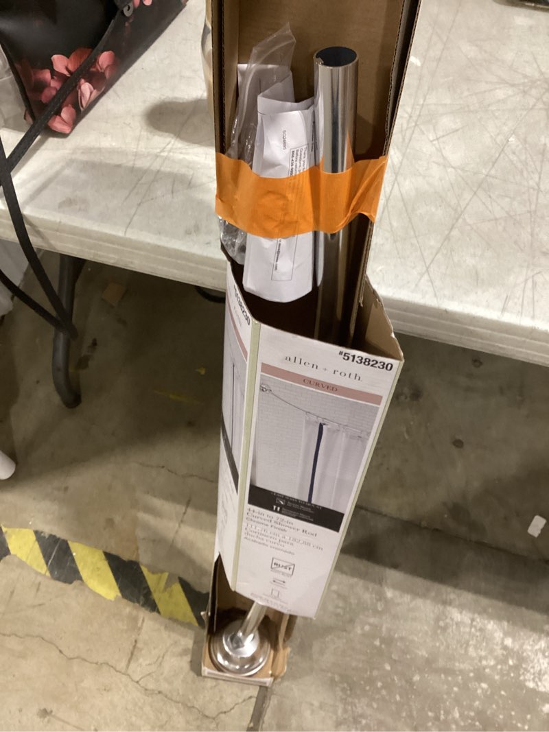 Condition photo showing As Is for incomplete  allen + roth shlsnc01 44-in to 72-in chrome fixed or tension single curve adjustable shower curtain rod