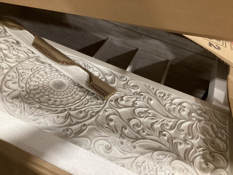 Condition photo showing As Is for Signature Design by Ashley Paxberry Boho 5 Drawer Dressing Chest with Slider Door & 3 Adjustable Shelves, Whitewash Whitewash Antique