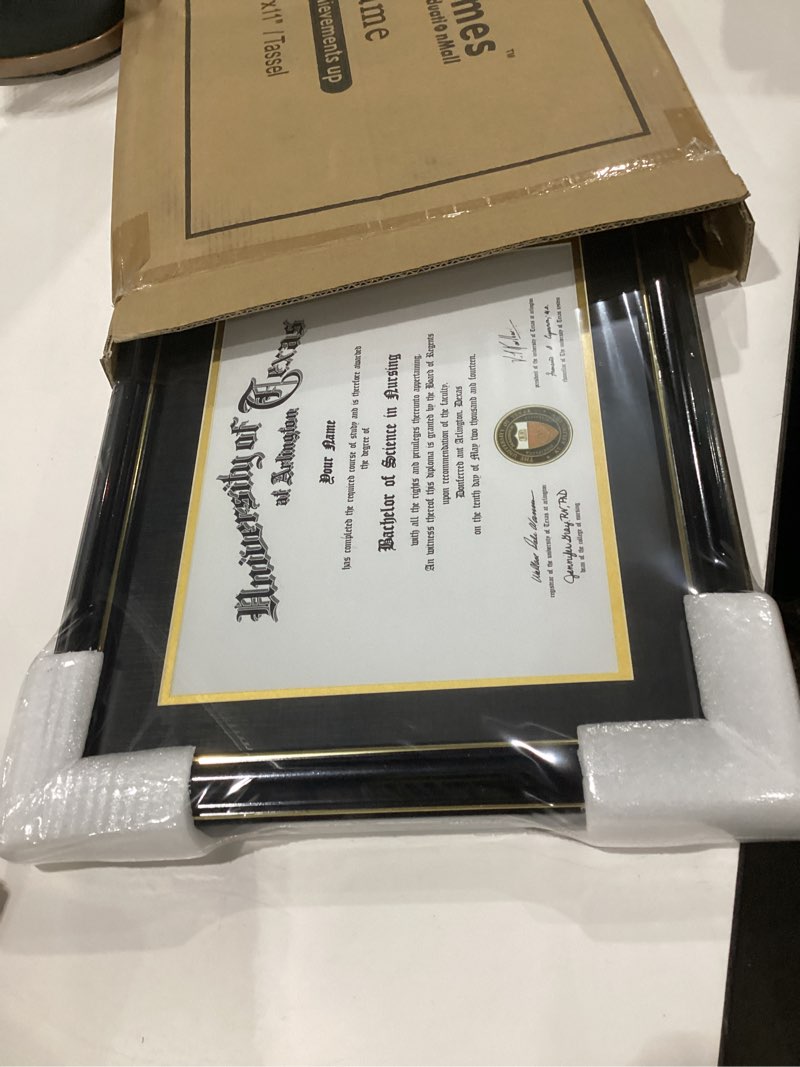 Condition photo showing New/Like New for graduationmall 11x17 black wood diploma frame with tassel holder for 8.5x11 certificate document,real glass,black over gold mat black with gold trim diploma + tassel