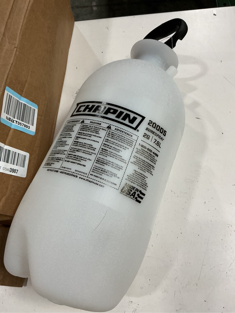 Condition photo showing As Is for chapin 20005 pump sprayer, 1-gallon surespray translucent tank with an easy fill funnel-top opening, adjustable cone nozzle & 34\" long reach hose, used for fertilizer, pesticides, weeds & pests