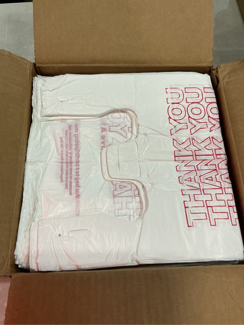Condition photo showing Good Condition for glotoch plastic thank you bags 1000 count, 11.5" x 6.5" x 21" white grocery bags with handles for restaurant, retail, grocery store, takeout, convenience stores, t-shirt shopping bag in bulk white 1000 count