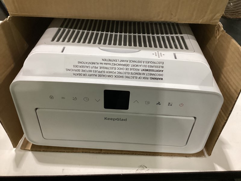 Condition photo showing As Is for keepglad 80 pint dehumidifier with drain hose, 4,500 sq.ft energy star compressor dehumidifier for home basement bedroom bathroom large room, intelligent humidistat, 1.84 gal tank, quiet 40db white, not tested