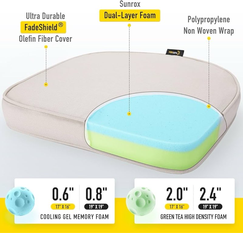 SUNROX Gel Memory Foam Chair Cushions, FadeShield Water-, Stain-Resistant Durable Reversible Seat Cushion Pads with Ties for Indoor/Outdoor Kitchen Dining Office